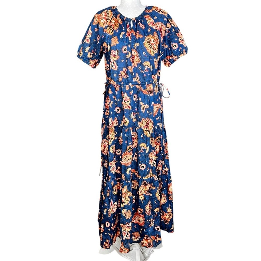 INA Boho Tiered Midi Dress M Waist Ties Lightweight Flowers Paisley Feminine - Picture 2 of 12